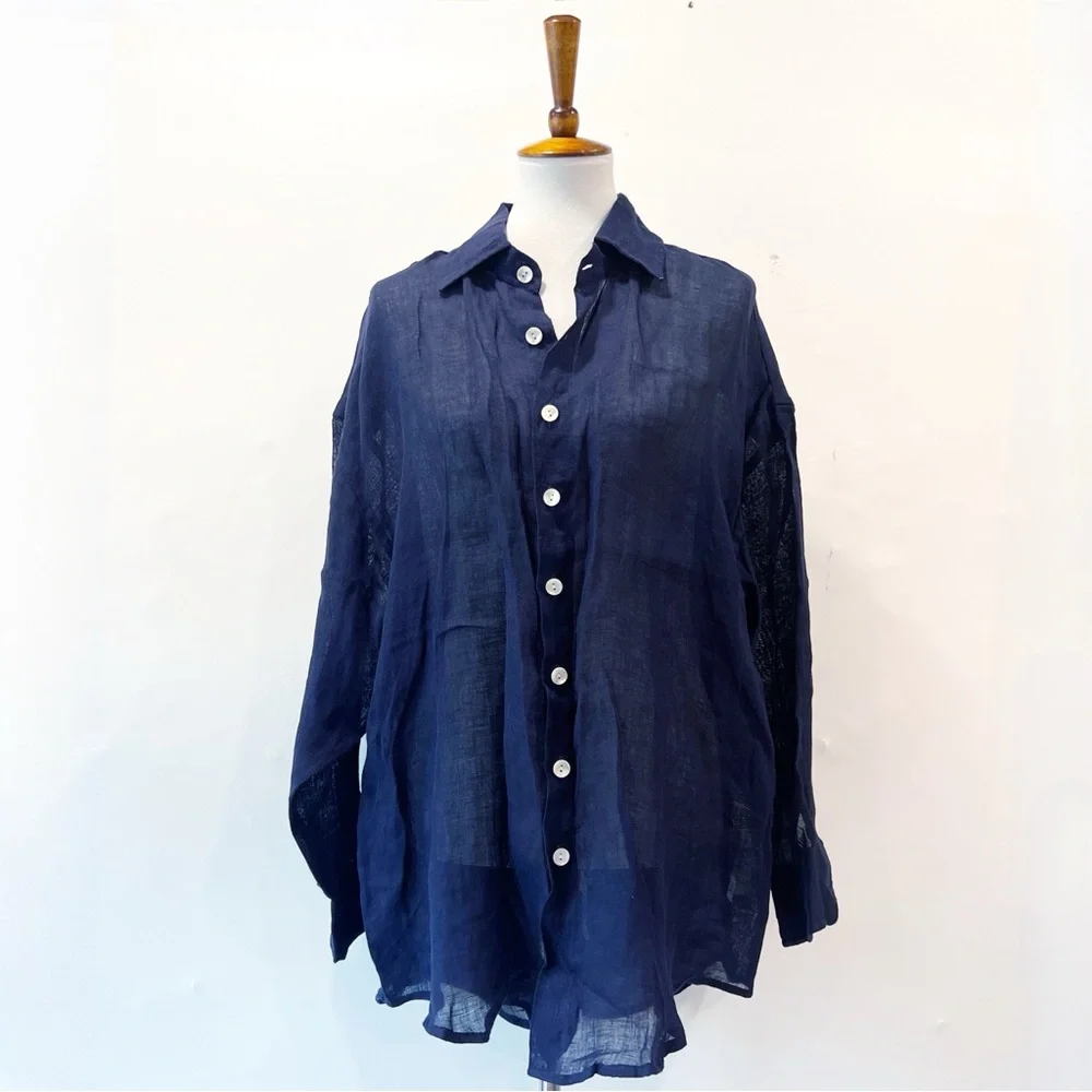 Vitamin A Playa Eco Linen Navy Button Down Shirt Coverup Medium NWOT - Picture 5 of 10